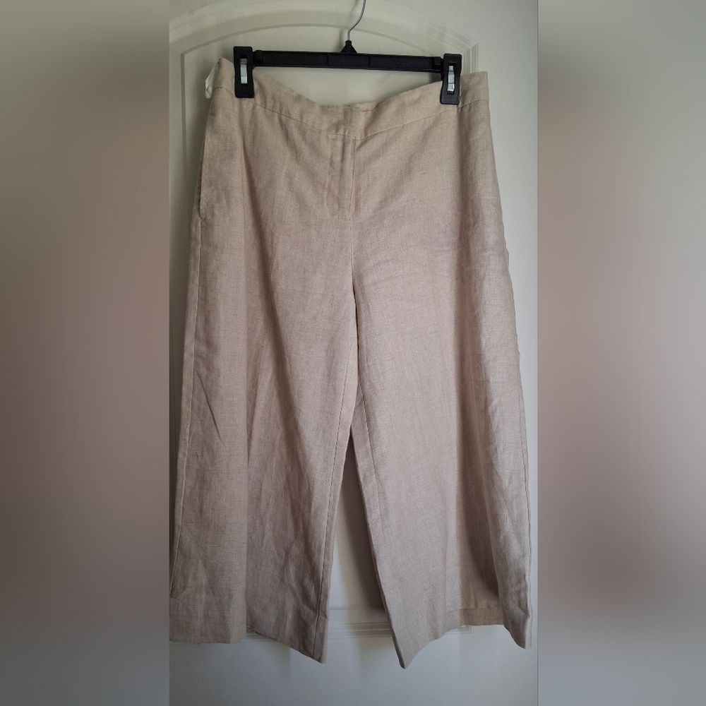 Mandarin Beige Wide Leg Crop Linen Pants Size 4 Beachy Neutral Bohemian Office